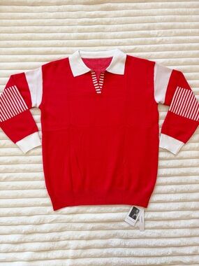 NWT LOMON Red Collared Knit Sweater Striped Sleeve Polo Style Size XL